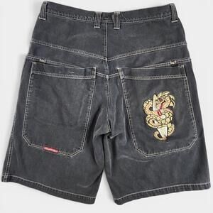 Ignition Jean Shorts Mens Fits 35 Black Baggy Skater Dragon Embroidered VTG Y2K